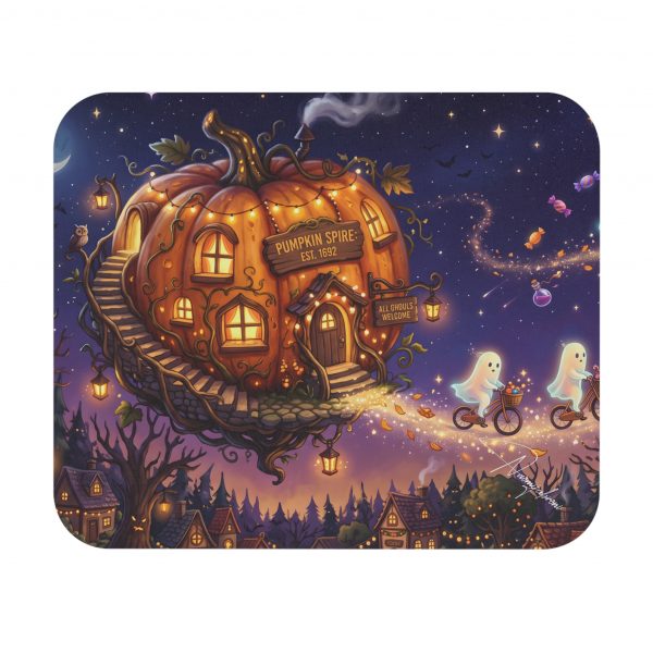 Halloween Pumpkin House Mouse Pad — Whimsical Ghost Bicycle Night Desk Mat